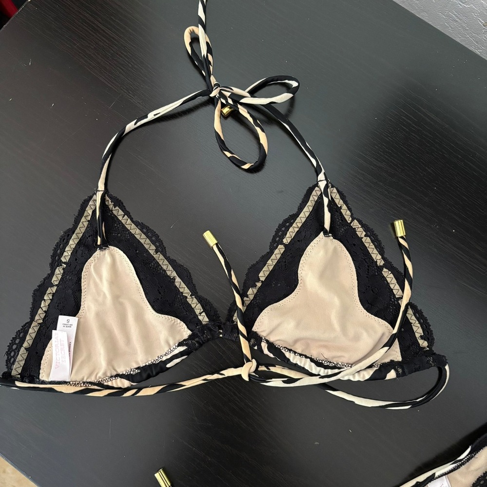 Early 2000s Victorias Secret Zebra Print Lace Bikini Set Triangle Side Tie M Y2K - Picture 6 of 16